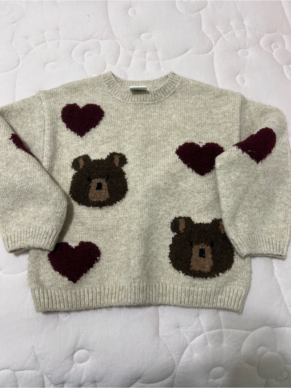 Zara Cream Knit Sweater with Brown Bear & Burgundy Hearts